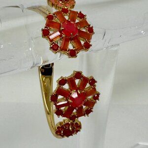 Kate Spade Red coral Sunburst Cluster Hinged Cuff Bracelet | Gold Tone